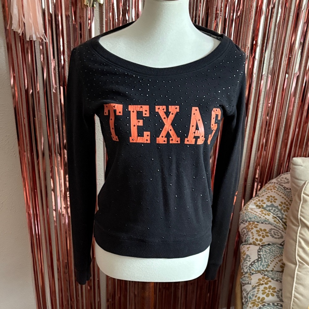 VS Pink University of Texas Black and Orange Rhinestone Crewneck